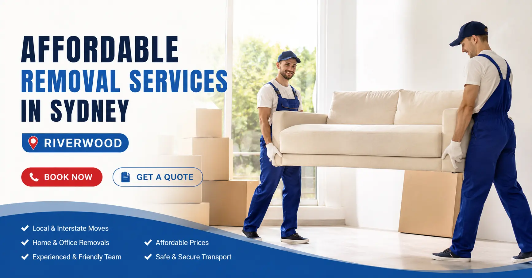 Affordable Removal services in Riverwood, Sydney with professional movers carrying a sofa and moving boxes.