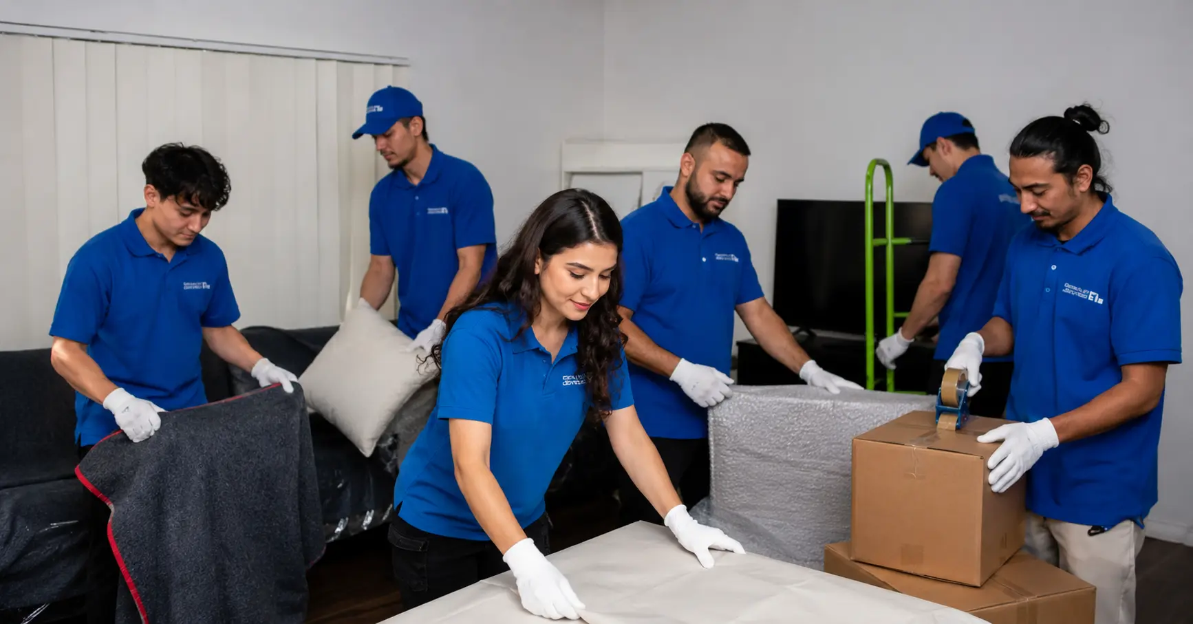 Professional white glove removalists carefully packing and moving household furniture in a modern living room while wearing protective white gloves.