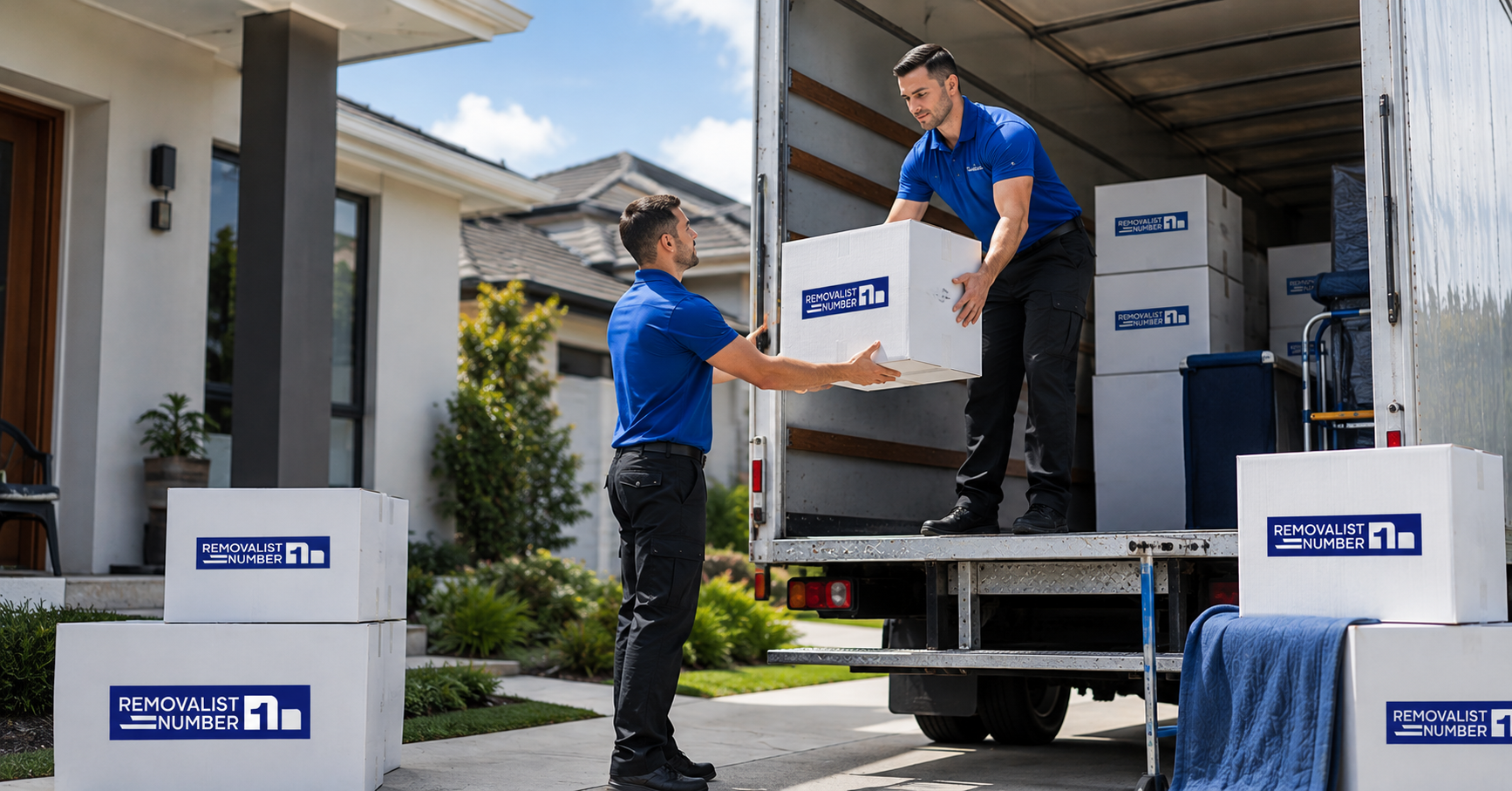 Removalists Cost in Sydney Professional movers loading white moving boxes into a truck, illustrating Removalists Cost in Sydney and residential moving services.